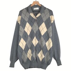 CLARK GREGORY Merino Wool Argyle Golf Polo Sweater Men's Sz XXL Gray Cream EUC